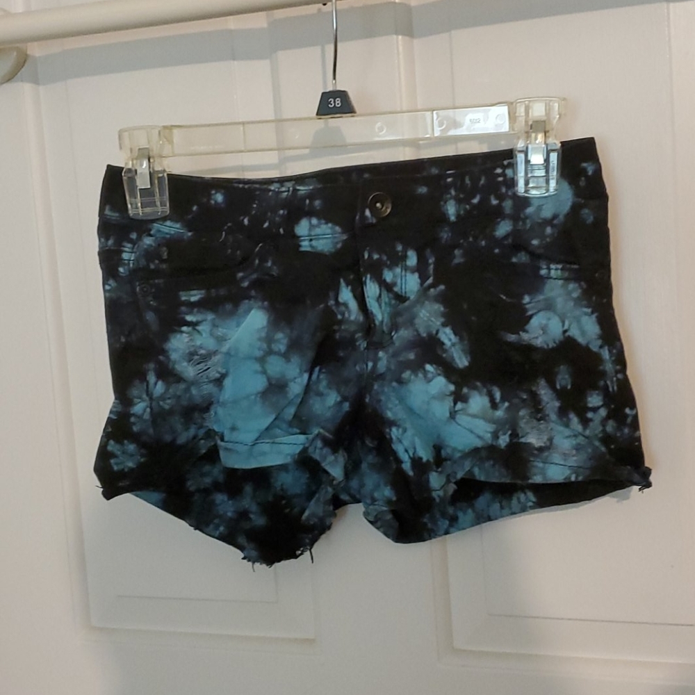 Black and teal acid wash jean shorts